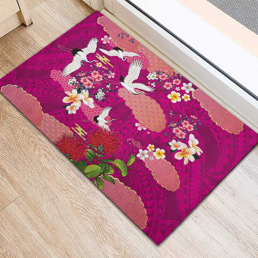 Hawaiian and Japanese Culture Together Rubber Doormat Pink Ohia Lehua Plumeria and Sakura Blooming LT03 - Polynesian Pride