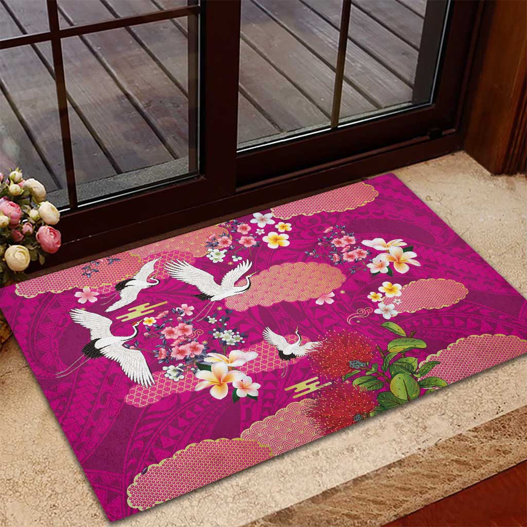 Hawaiian and Japanese Culture Together Rubber Doormat Pink Ohia Lehua Plumeria and Sakura Blooming LT03 - Polynesian Pride