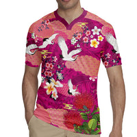 Hawaiian and Japanese Culture Together Rugby Jersey Pink Ohia Lehua Plumeria and Sakura Blooming LT03 - Polynesian Pride