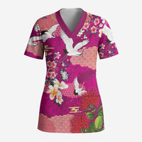 Hawaiian and Japanese Culture Together Scrub Top Pink Ohia Lehua Plumeria and Sakura Blooming LT03 Adult Pink - Polynesian Pride
