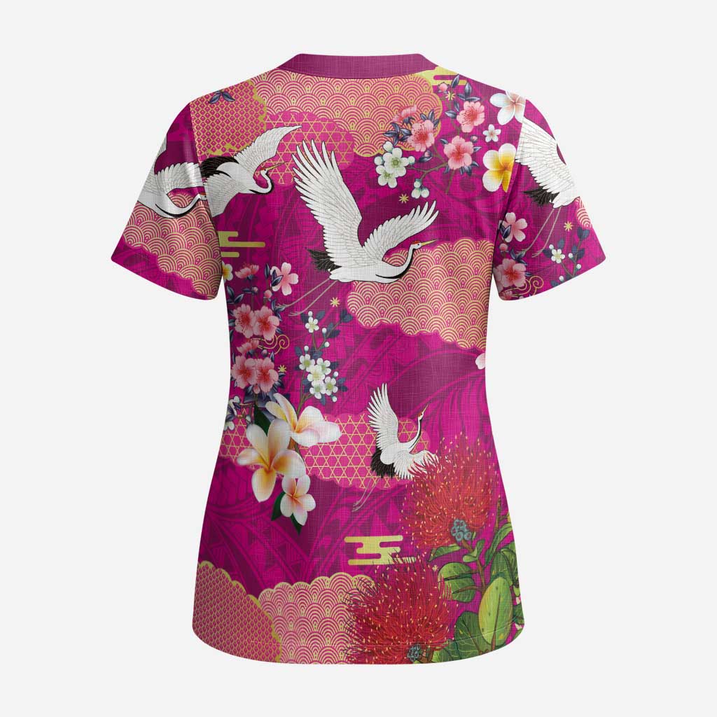 Hawaiian and Japanese Culture Together Scrub Top Pink Ohia Lehua Plumeria and Sakura Blooming LT03 - Polynesian Pride