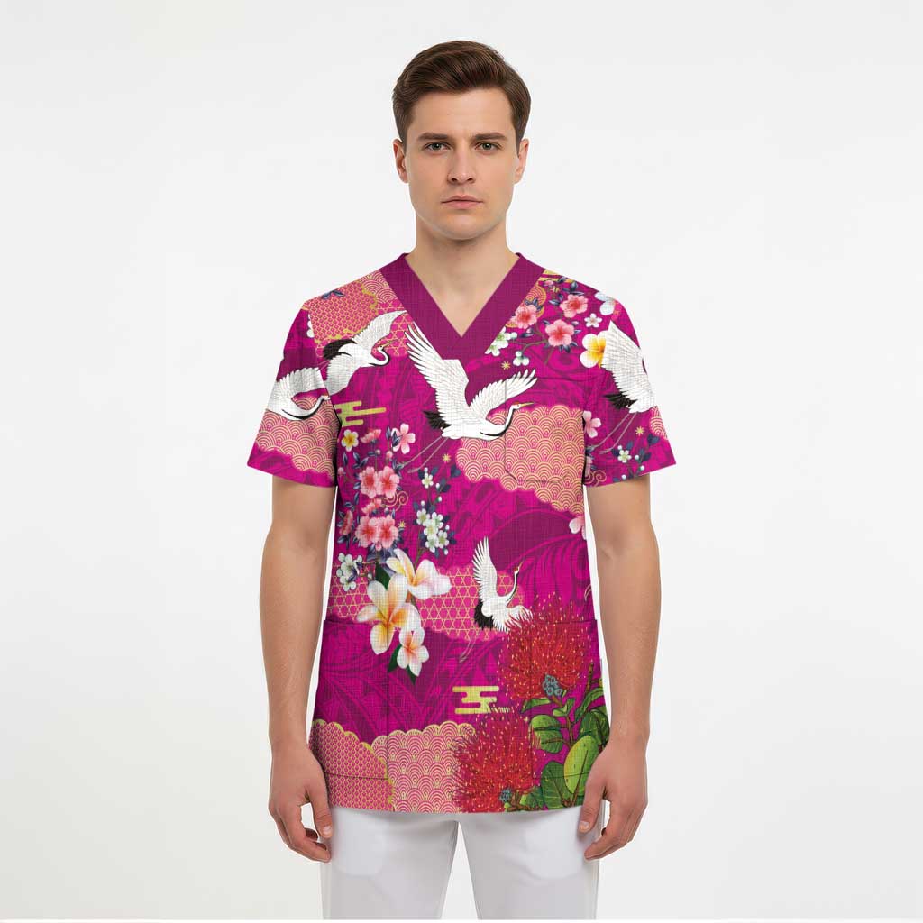 Hawaiian and Japanese Culture Together Scrub Top Pink Ohia Lehua Plumeria and Sakura Blooming LT03 - Polynesian Pride