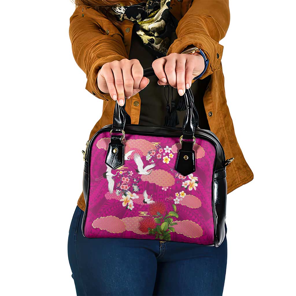 Hawaiian and Japanese Culture Together Shoulder Handbag Pink Ohia Lehua Plumeria and Sakura Blooming LT03 One Size Pink - Polynesian Pride