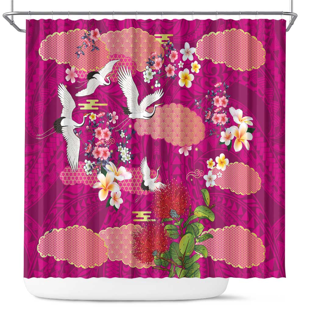 Hawaiian and Japanese Culture Together Shower Curtain Pink Ohia Lehua Plumeria and Sakura Blooming LT03 Pink - Polynesian Pride