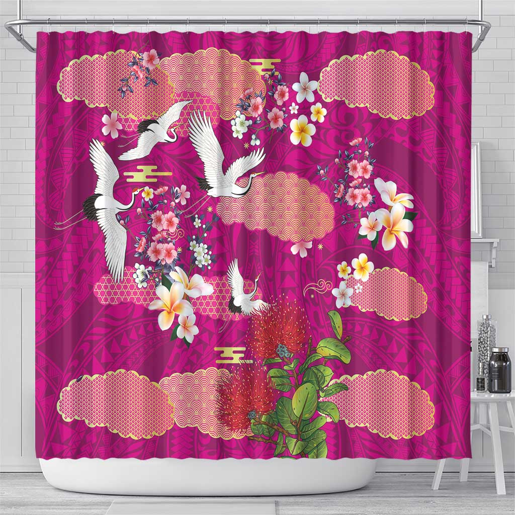 Hawaiian and Japanese Culture Together Shower Curtain Pink Ohia Lehua Plumeria and Sakura Blooming LT03 - Polynesian Pride