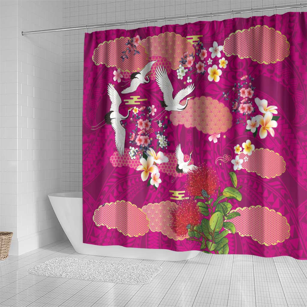 Hawaiian and Japanese Culture Together Shower Curtain Pink Ohia Lehua Plumeria and Sakura Blooming LT03 - Polynesian Pride