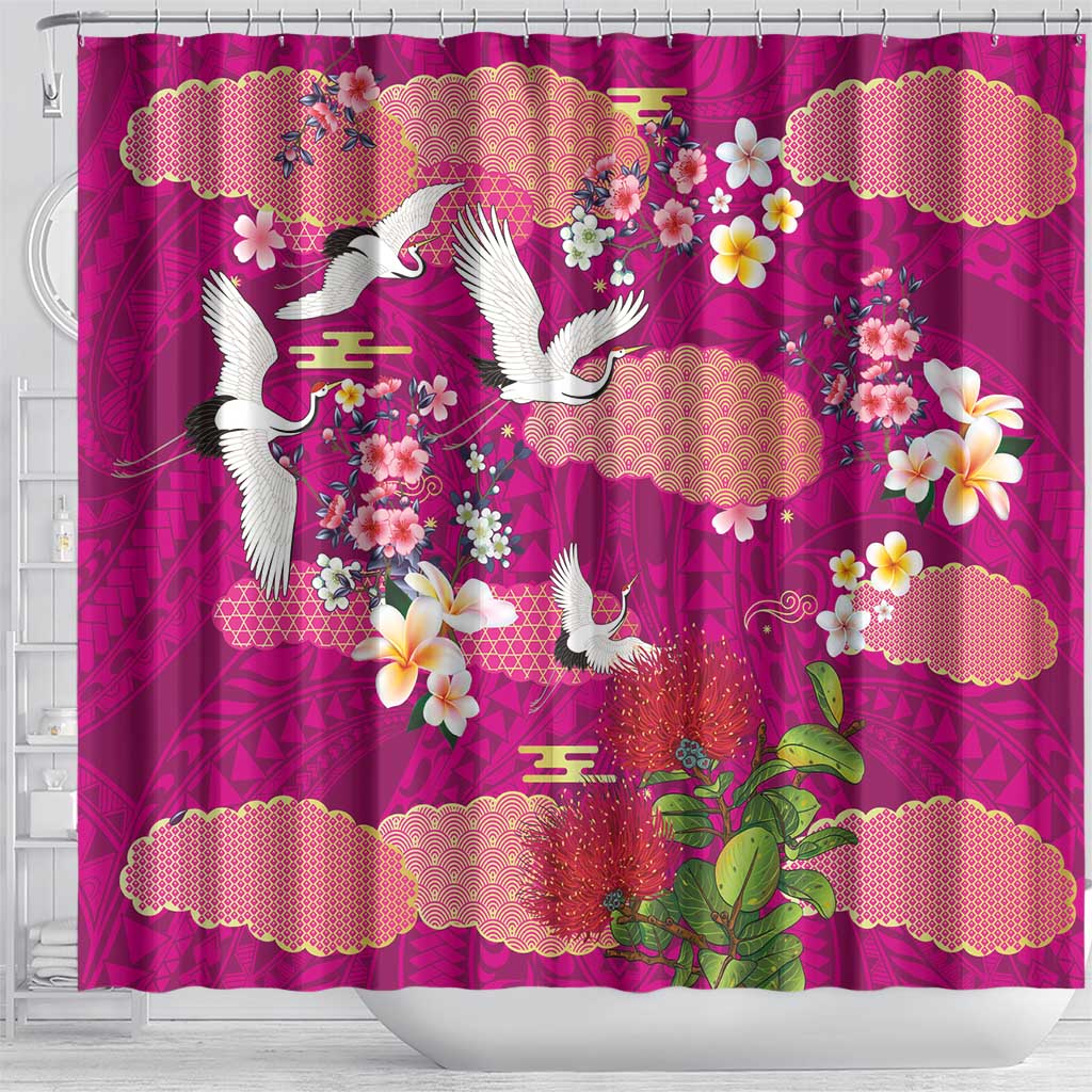 Hawaiian and Japanese Culture Together Shower Curtain Pink Ohia Lehua Plumeria and Sakura Blooming LT03 - Polynesian Pride