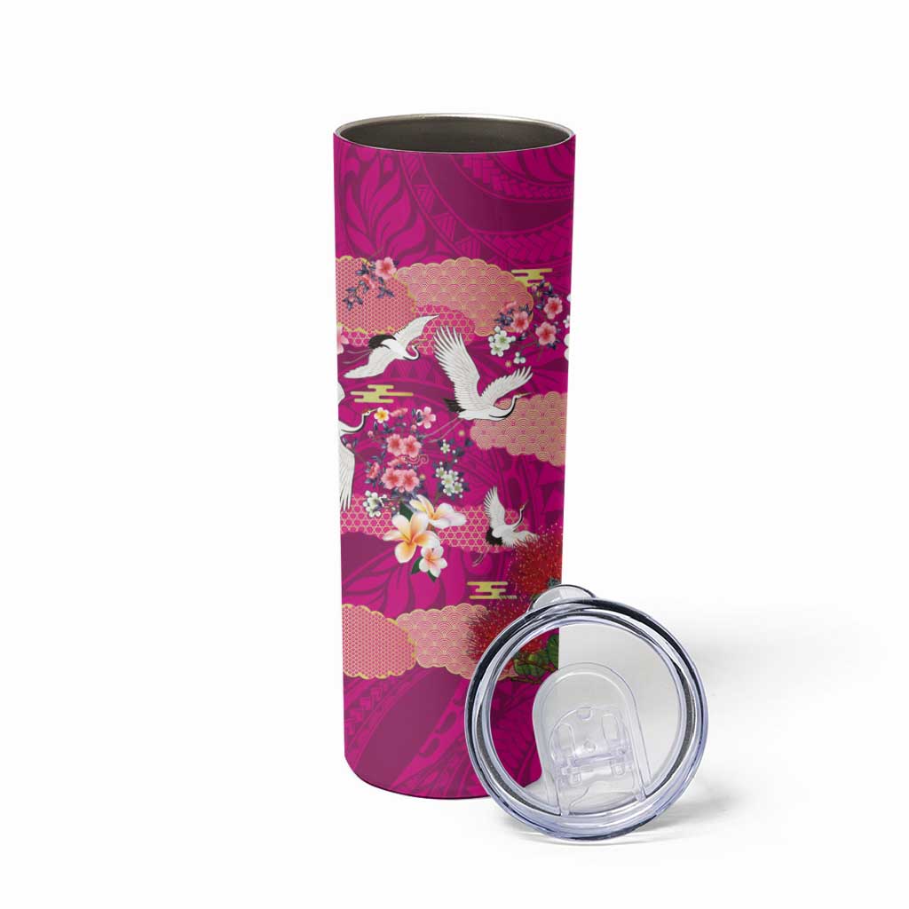 Hawaiian and Japanese Culture Together Skinny Tumbler Pink Ohia Lehua Plumeria and Sakura Blooming LT03 - Polynesian Pride
