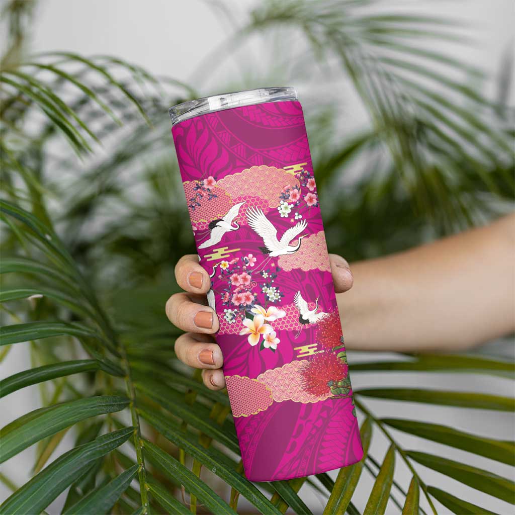 Hawaiian and Japanese Culture Together Skinny Tumbler Pink Ohia Lehua Plumeria and Sakura Blooming LT03 - Polynesian Pride