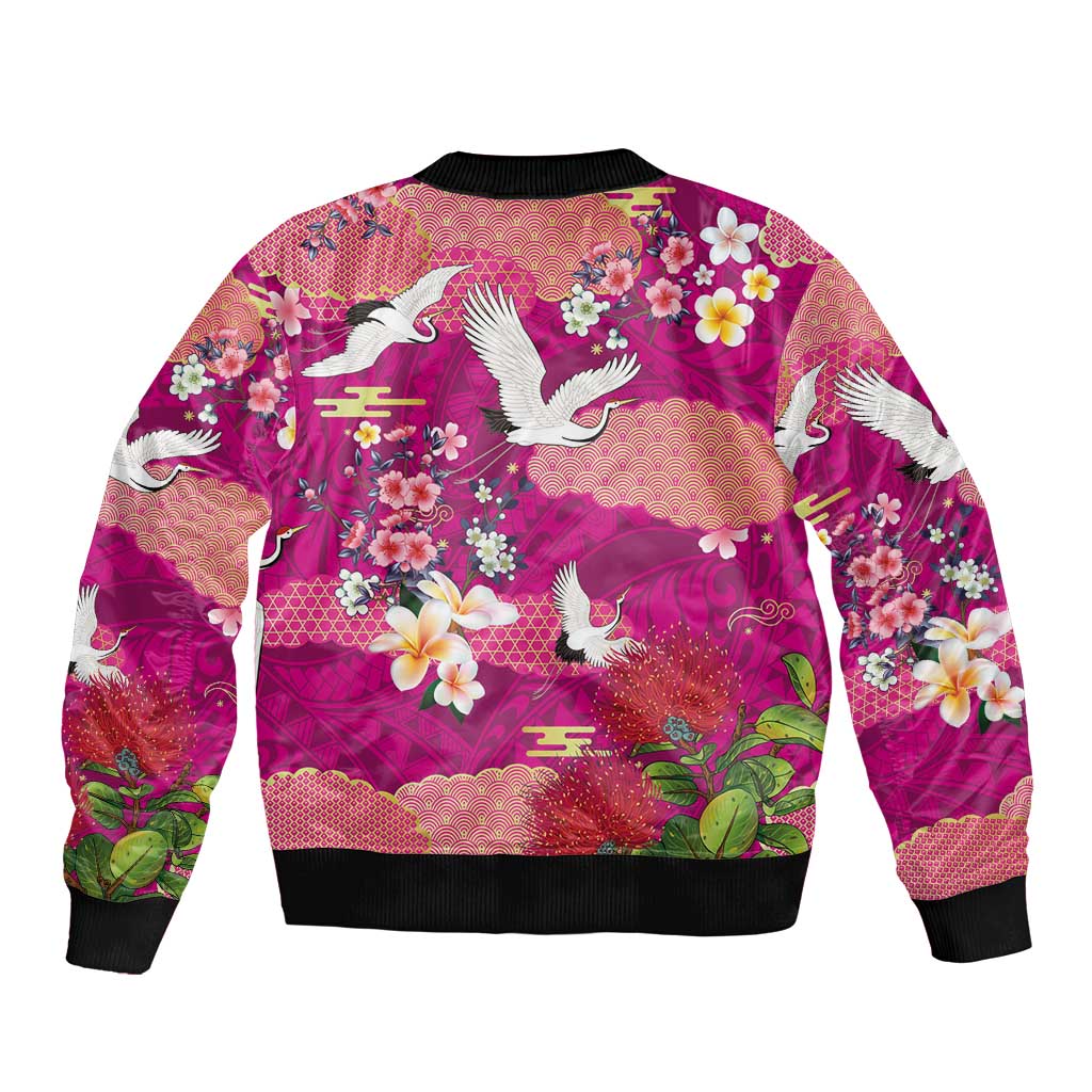 Hawaiian and Japanese Culture Together Sleeve Zip Bomber Jacket Pink Ohia Lehua Plumeria and Sakura Blooming LT03 - Polynesian Pride