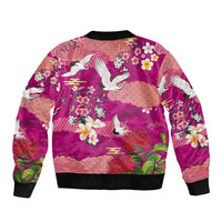 Hawaiian and Japanese Culture Together Sleeve Zip Bomber Jacket Pink Ohia Lehua Plumeria and Sakura Blooming LT03 - Polynesian Pride