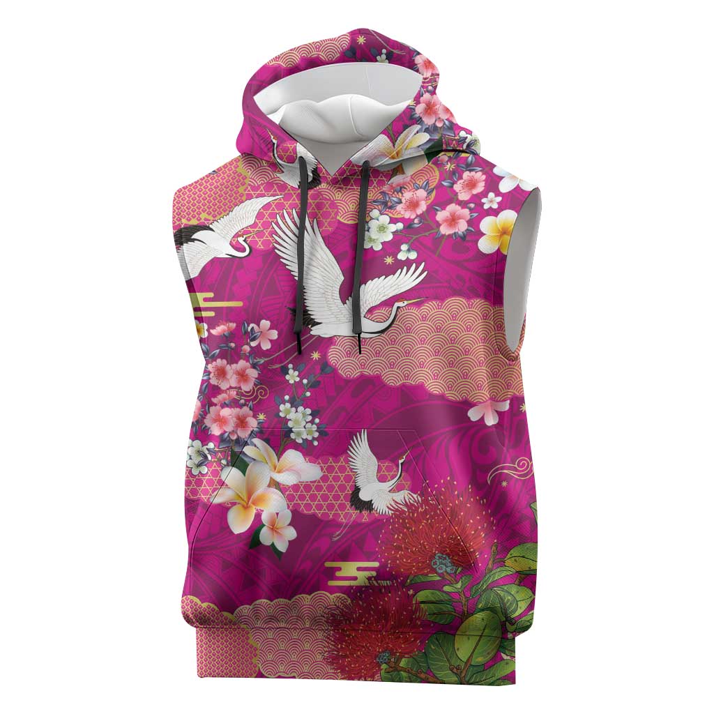 Hawaiian and Japanese Culture Together Sleeveless Hoodie Pink Ohia Lehua Plumeria and Sakura Blooming LT03 Pink - Polynesian Pride