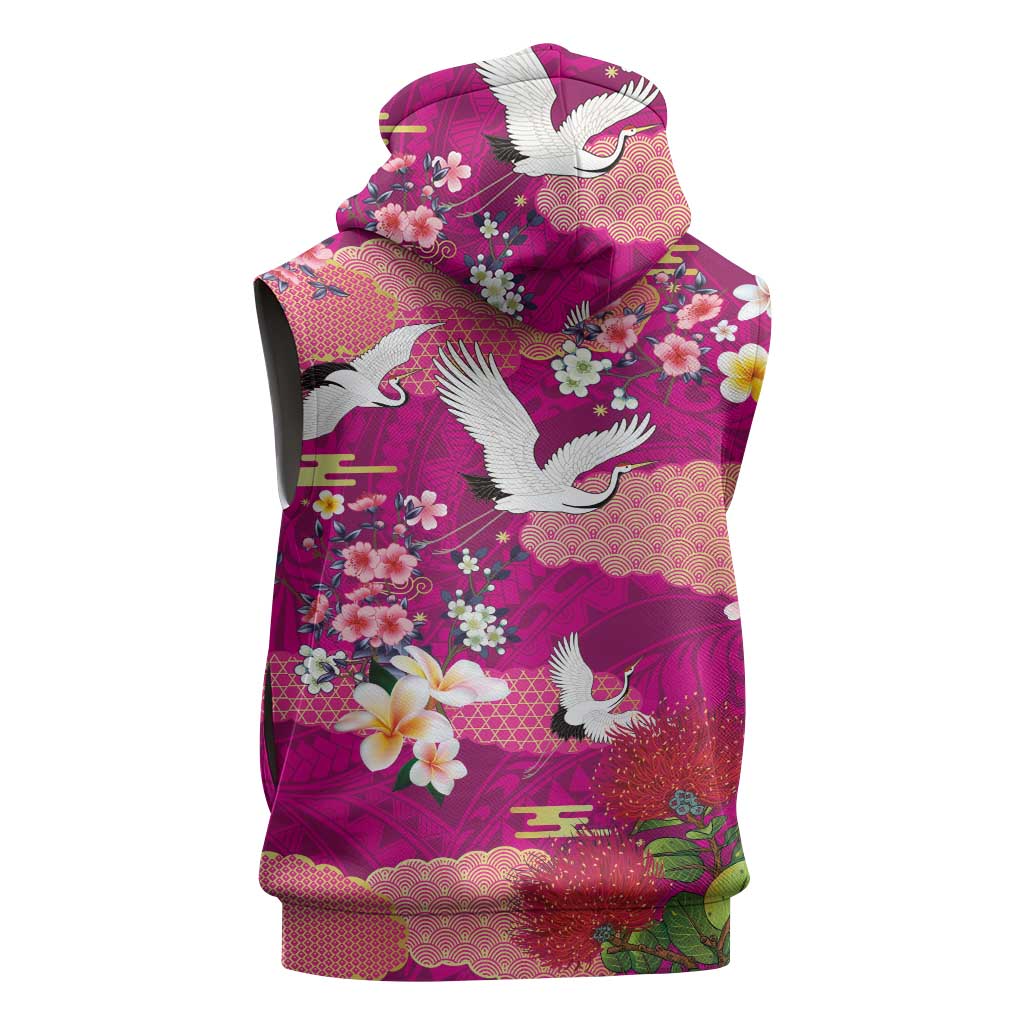 Hawaiian and Japanese Culture Together Sleeveless Hoodie Pink Ohia Lehua Plumeria and Sakura Blooming LT03 - Polynesian Pride