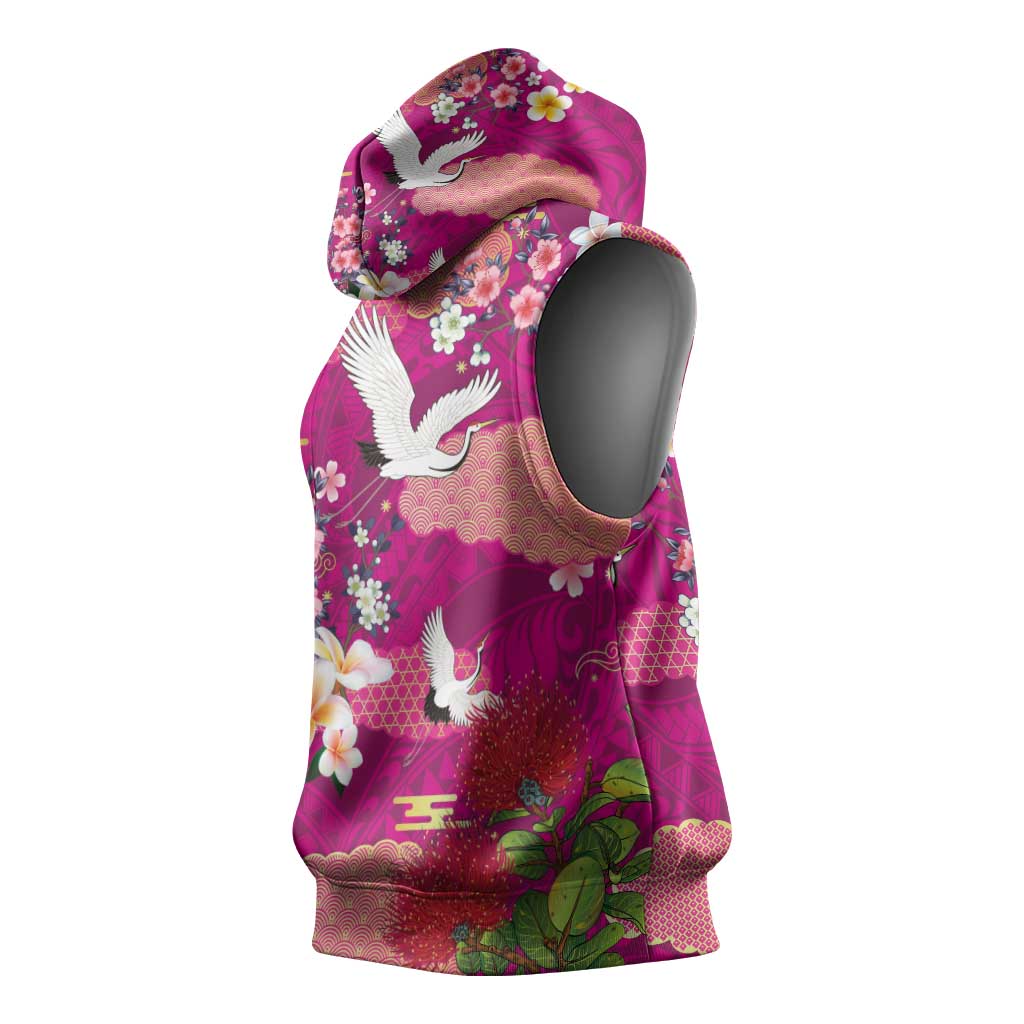 Hawaiian and Japanese Culture Together Sleeveless Hoodie Pink Ohia Lehua Plumeria and Sakura Blooming LT03 - Polynesian Pride