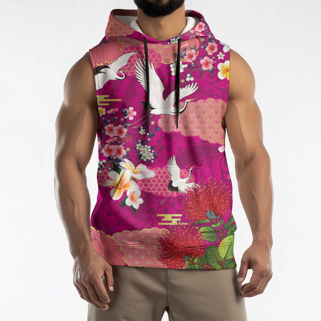 Hawaiian and Japanese Culture Together Sleeveless Hoodie Pink Ohia Lehua Plumeria and Sakura Blooming LT03 - Polynesian Pride
