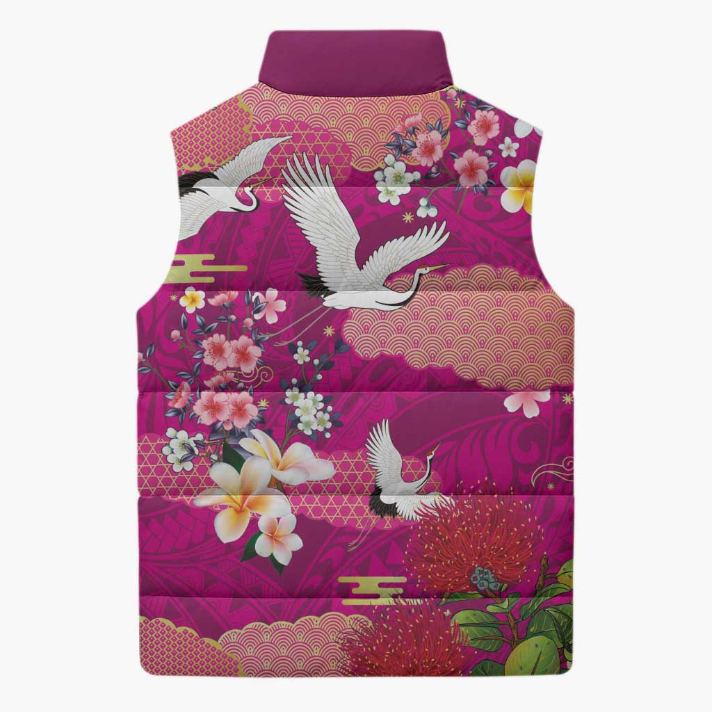 Hawaiian and Japanese Culture Together Sleeveless Puffer Jacket Pink Ohia Lehua Plumeria and Sakura Blooming LT03 - Polynesian Pride