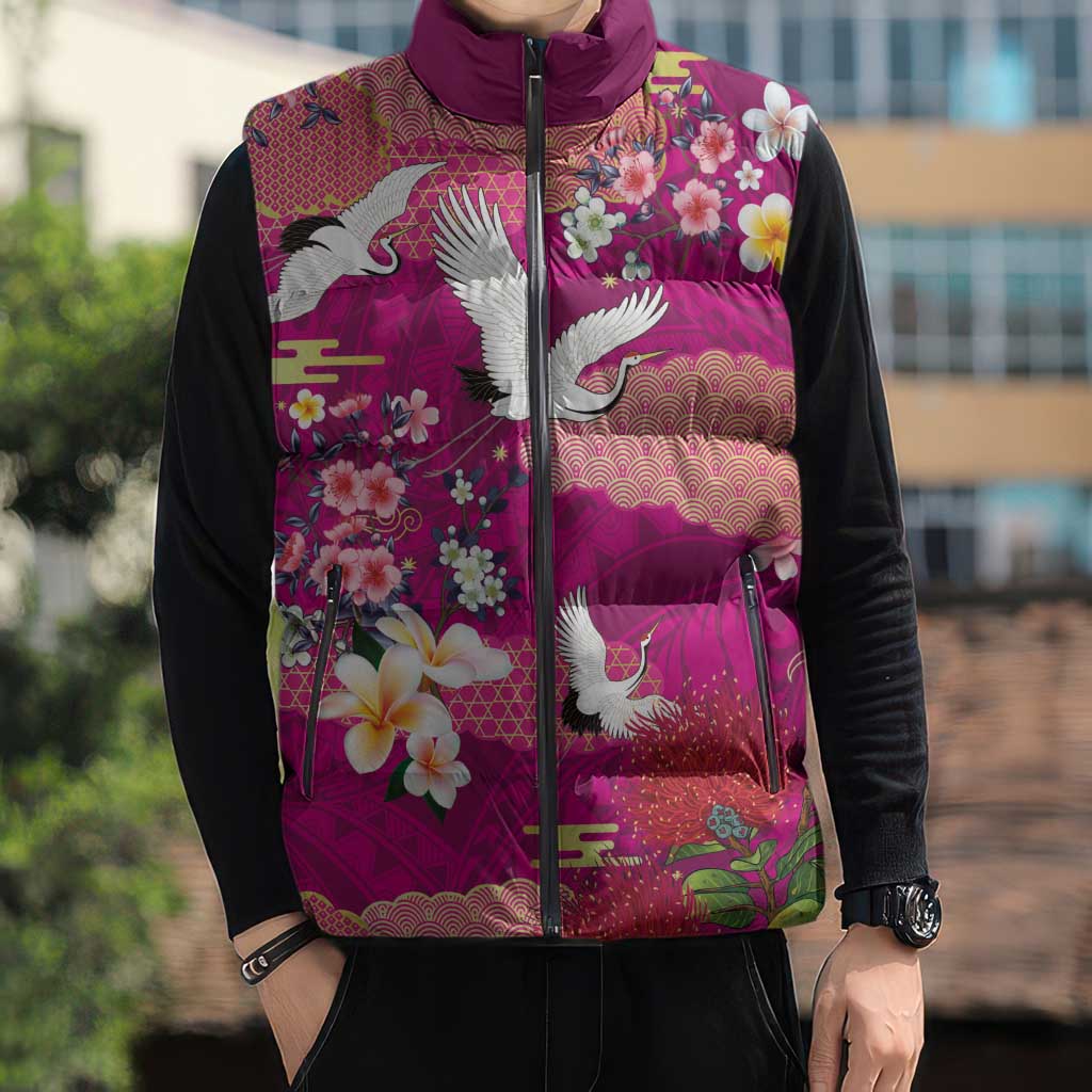 Hawaiian and Japanese Culture Together Sleeveless Puffer Jacket Pink Ohia Lehua Plumeria and Sakura Blooming LT03 - Polynesian Pride