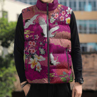 Hawaiian and Japanese Culture Together Sleeveless Puffer Jacket Pink Ohia Lehua Plumeria and Sakura Blooming LT03 - Polynesian Pride