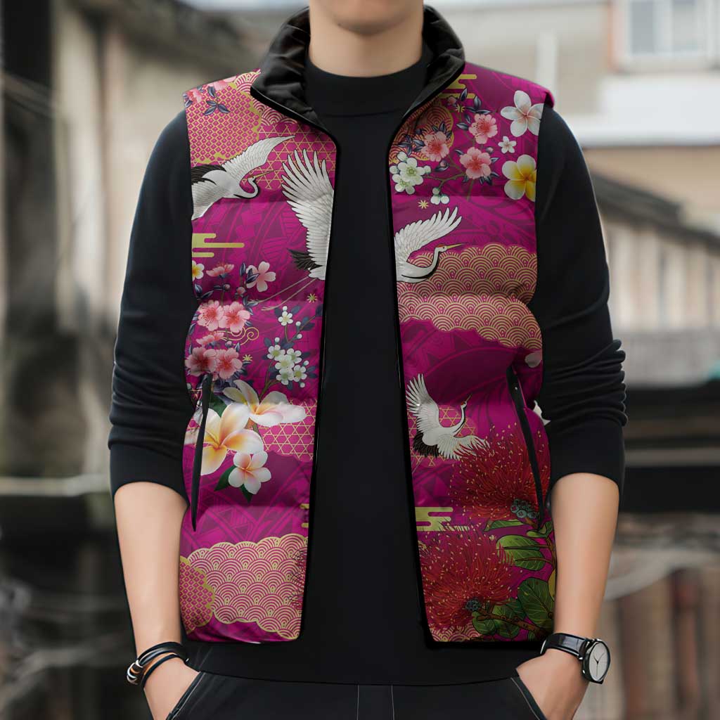 Hawaiian and Japanese Culture Together Sleeveless Puffer Jacket Pink Ohia Lehua Plumeria and Sakura Blooming LT03 - Polynesian Pride
