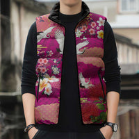 Hawaiian and Japanese Culture Together Sleeveless Puffer Jacket Pink Ohia Lehua Plumeria and Sakura Blooming LT03 - Polynesian Pride