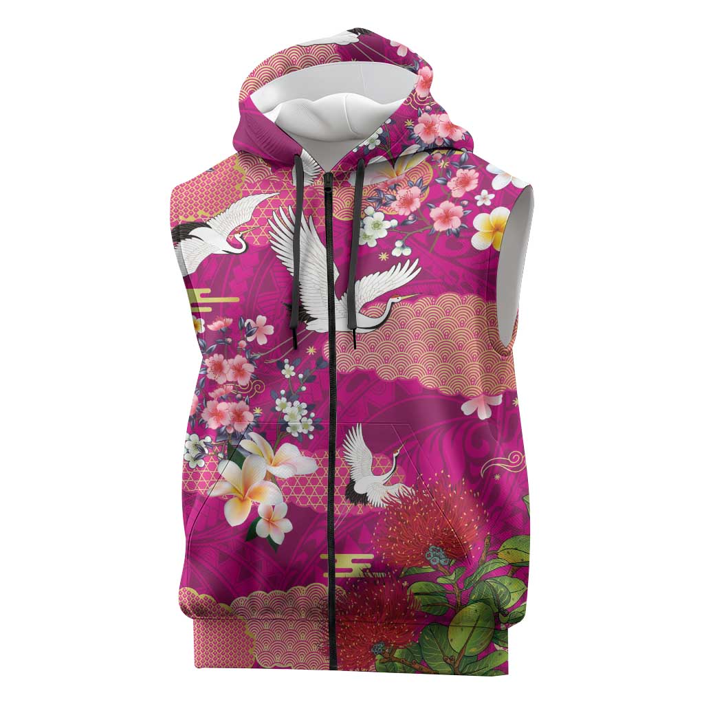Hawaiian and Japanese Culture Together Sleeveless Zip Hoodie Pink Ohia Lehua Plumeria and Sakura Blooming LT03 Pink - Polynesian Pride
