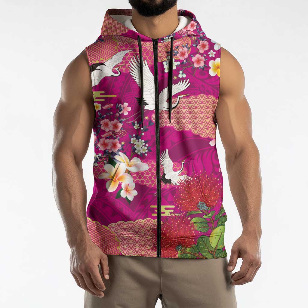 Hawaiian and Japanese Culture Together Sleeveless Zip Hoodie Pink Ohia Lehua Plumeria and Sakura Blooming LT03 - Polynesian Pride