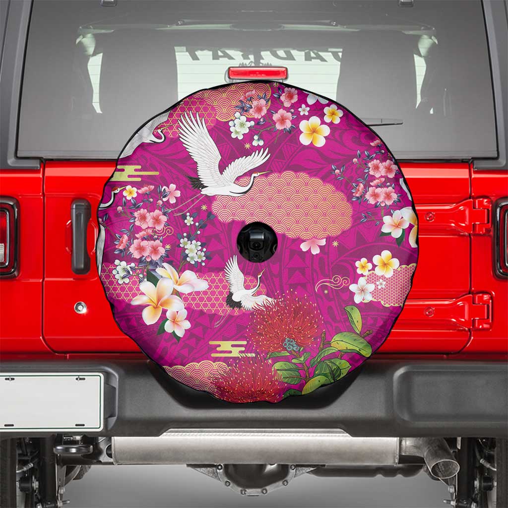 Hawaiian and Japanese Culture Together Spare Tire Cover Pink Ohia Lehua Plumeria and Sakura Blooming LT03 - Polynesian Pride