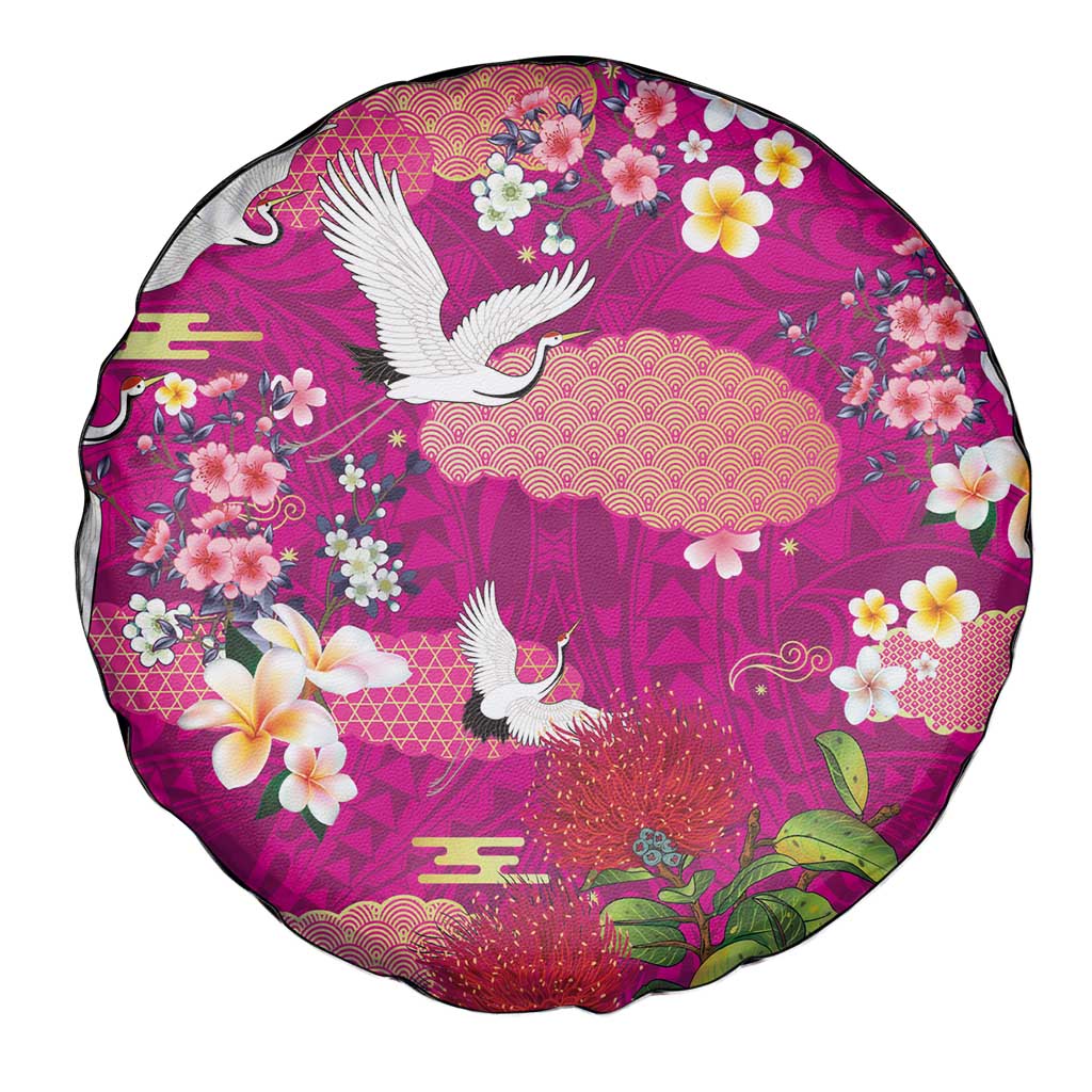 Hawaiian and Japanese Culture Together Spare Tire Cover Pink Ohia Lehua Plumeria and Sakura Blooming LT03 - Polynesian Pride