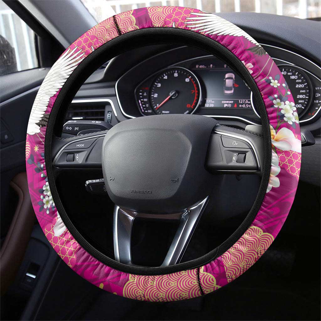 Hawaiian and Japanese Culture Together Steering Wheel Cover Pink Ohia Lehua Plumeria and Sakura Blooming LT03 - Polynesian Pride