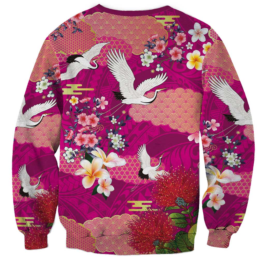 Hawaiian and Japanese Culture Together Sweatshirt Pink Ohia Lehua Plumeria and Sakura Blooming LT03 - Polynesian Pride