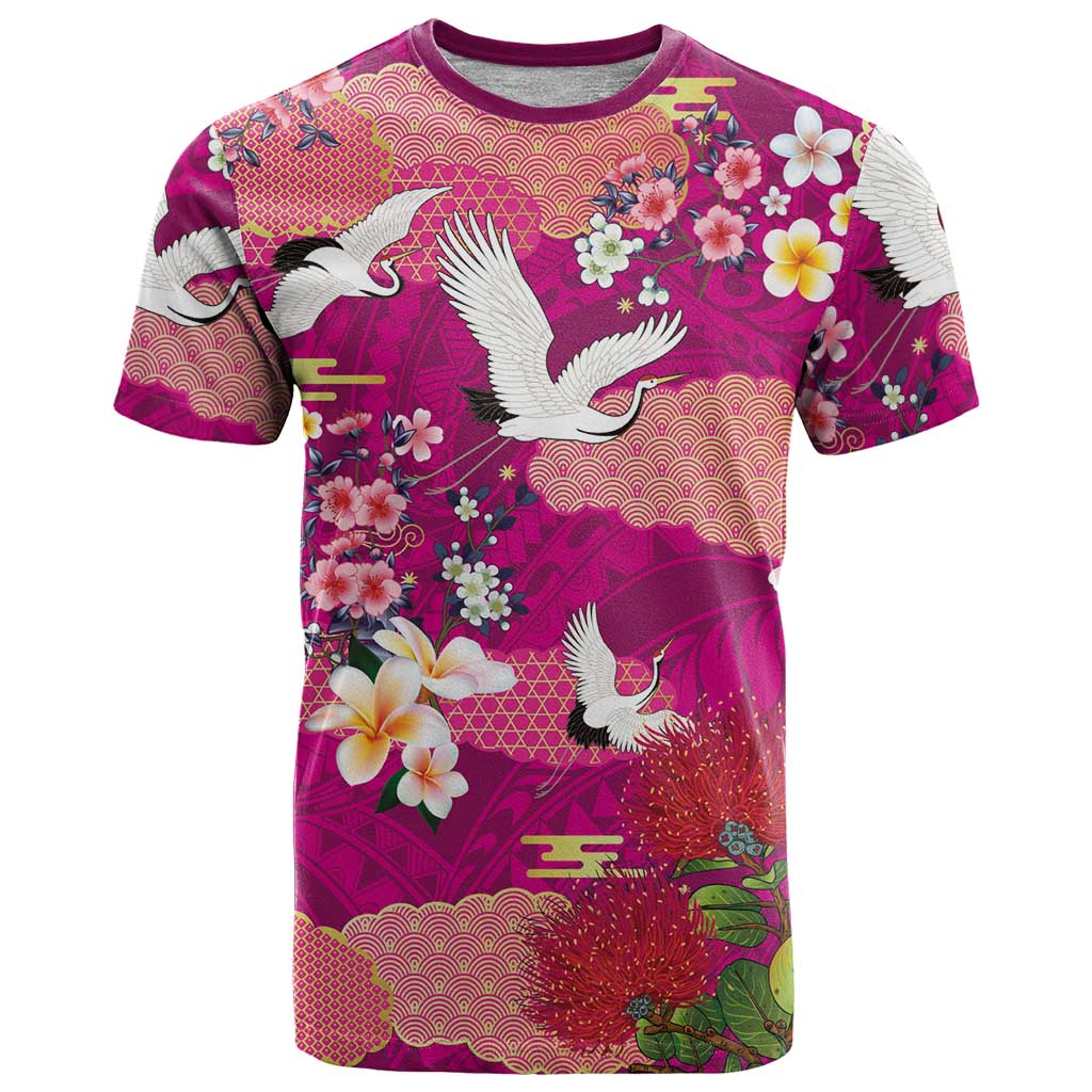 Hawaiian and Japanese Culture Together T Shirt Pink Ohia Lehua Plumeria and Sakura Blooming LT03 Pink - Polynesian Pride