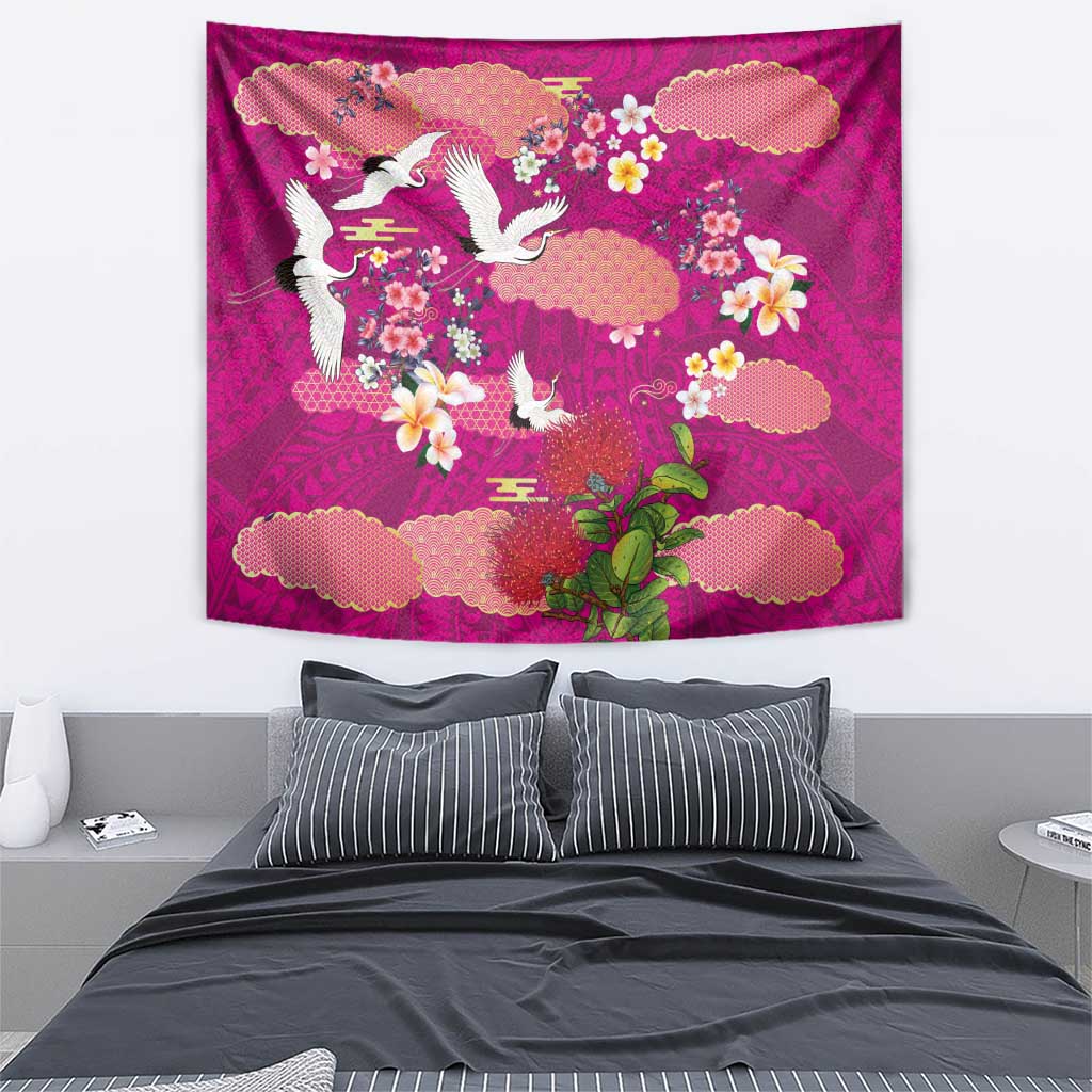 Hawaiian and Japanese Culture Together Tapestry Pink Ohia Lehua Plumeria and Sakura Blooming LT03 - Polynesian Pride