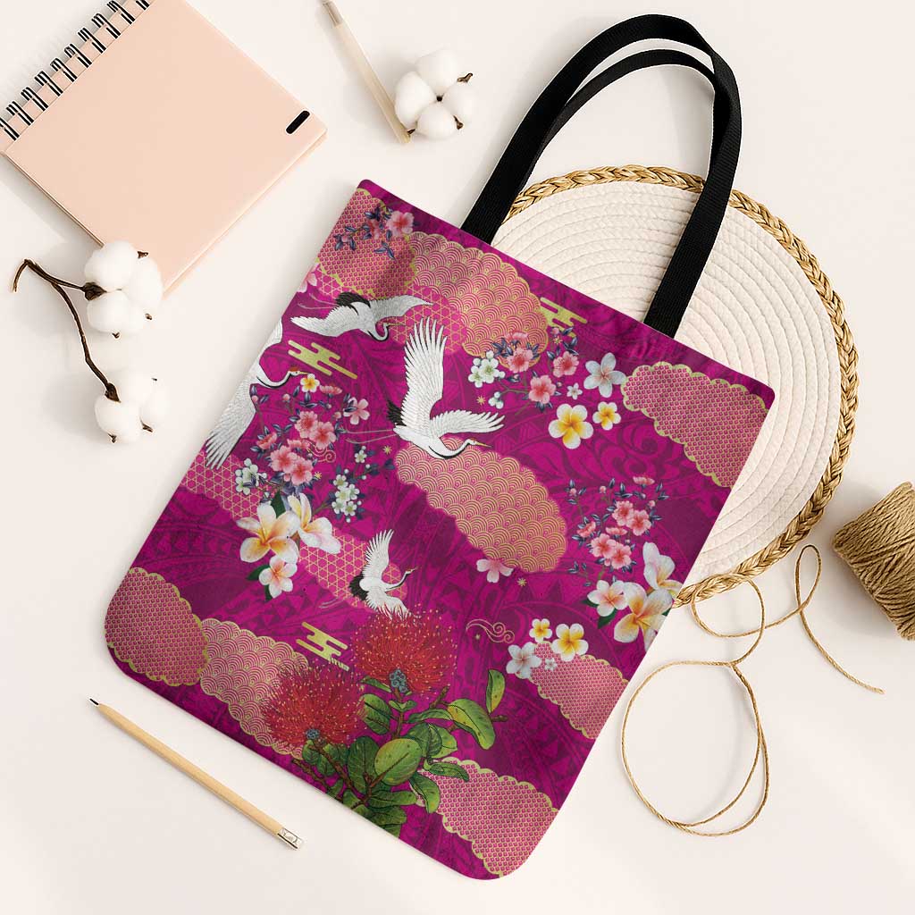 Hawaiian and Japanese Culture Together Tote Bag Pink Ohia Lehua Plumeria and Sakura Blooming - Polynesian Pride