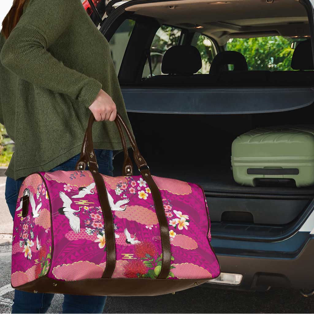 Hawaiian and Japanese Culture Together Travel Bag Pink Ohia Lehua Plumeria and Sakura Blooming LT03 - Polynesian Pride