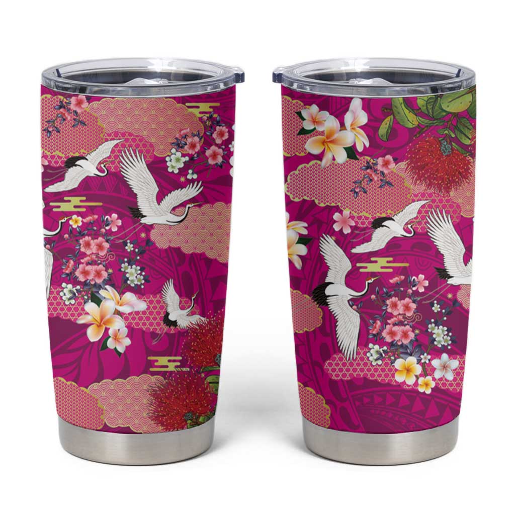 Hawaiian and Japanese Culture Together Tumbler Cup Pink Ohia Lehua Plumeria and Sakura Blooming LT03 Pink - Polynesian Pride