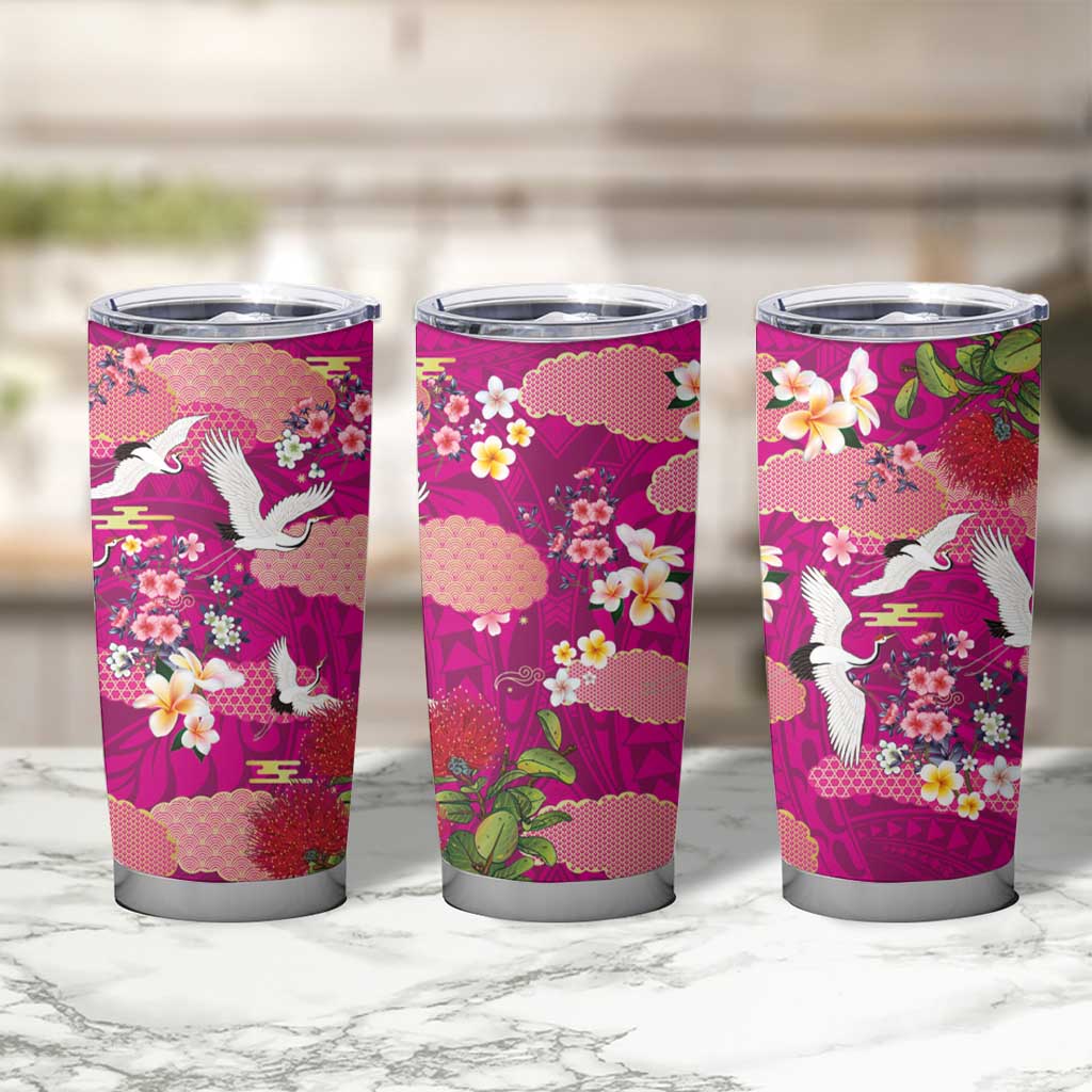 Hawaiian and Japanese Culture Together Tumbler Cup Pink Ohia Lehua Plumeria and Sakura Blooming LT03 - Polynesian Pride
