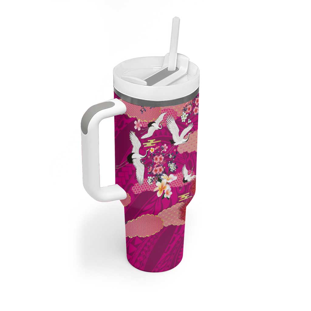 Hawaiian and Japanese Culture Together Tumbler With Handle Pink Ohia Lehua Plumeria and Sakura Blooming LT03 - Polynesian Pride