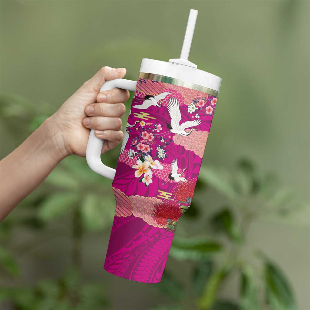 Hawaiian and Japanese Culture Together Tumbler With Handle Pink Ohia Lehua Plumeria and Sakura Blooming LT03 - Polynesian Pride