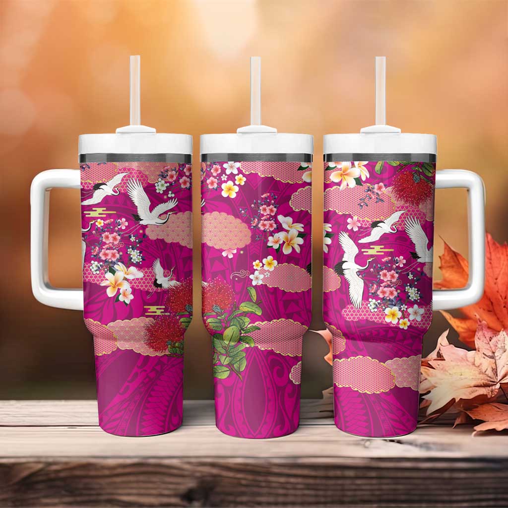 Hawaiian and Japanese Culture Together Tumbler With Handle Pink Ohia Lehua Plumeria and Sakura Blooming LT03 - Polynesian Pride