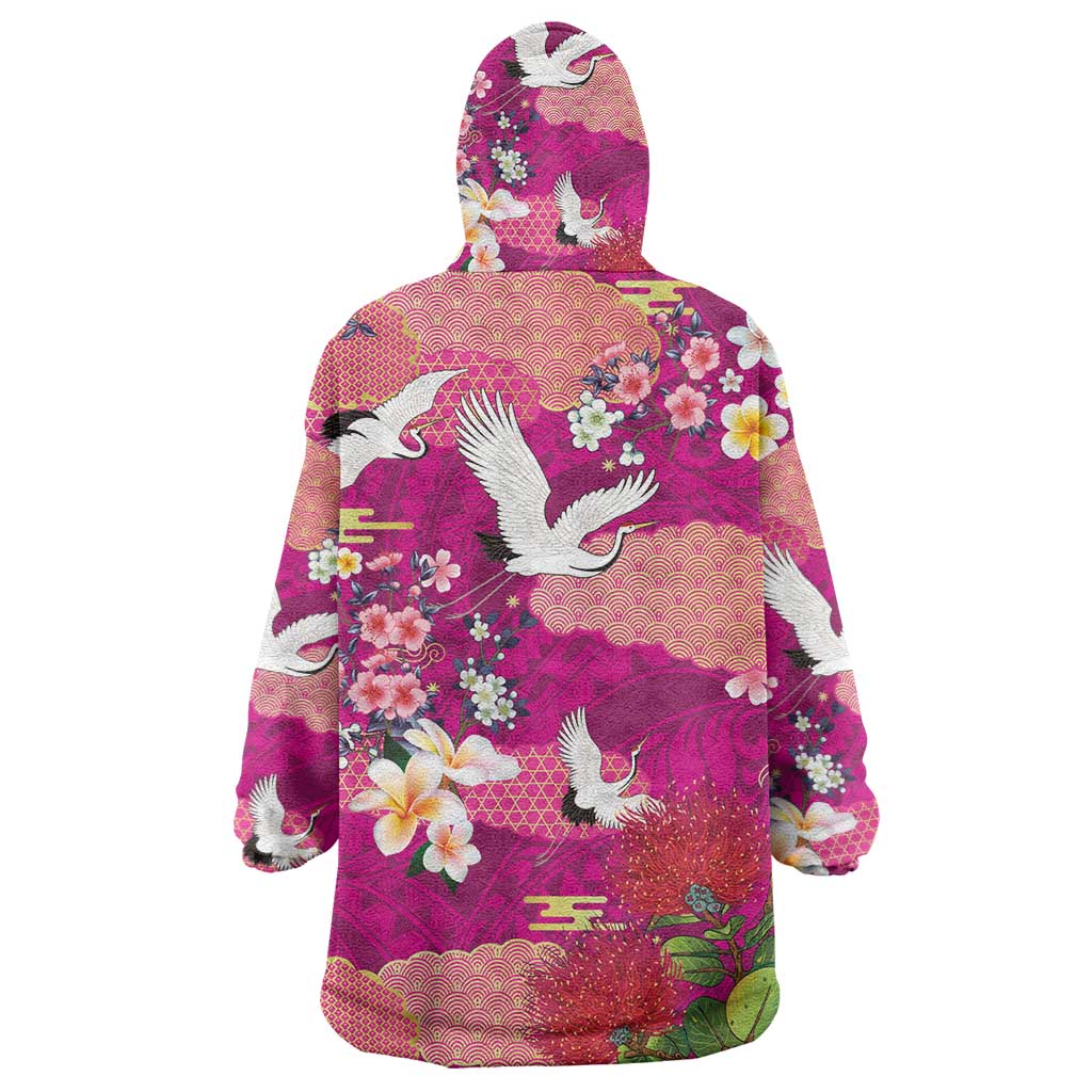 Hawaiian and Japanese Culture Together Wearable Blanket Hoodie Pink Ohia Lehua Plumeria and Sakura Blooming LT03 - Polynesian Pride