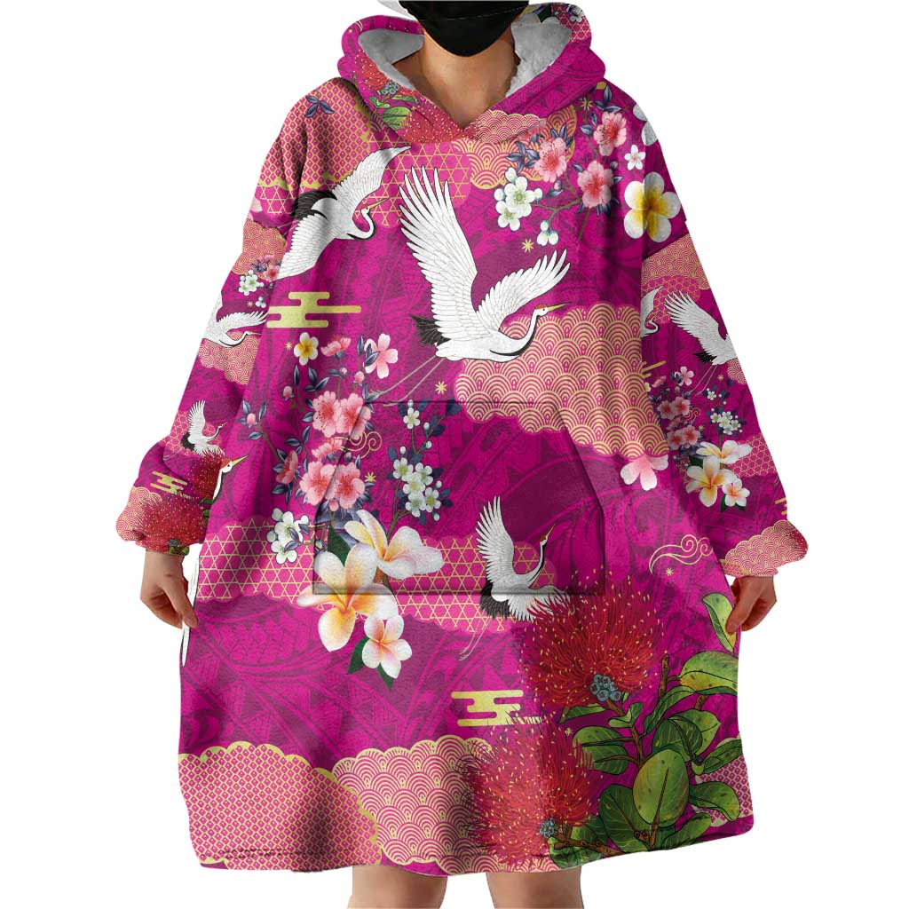 Hawaiian and Japanese Culture Together Wearable Blanket Hoodie Pink Ohia Lehua Plumeria and Sakura Blooming LT03 - Polynesian Pride