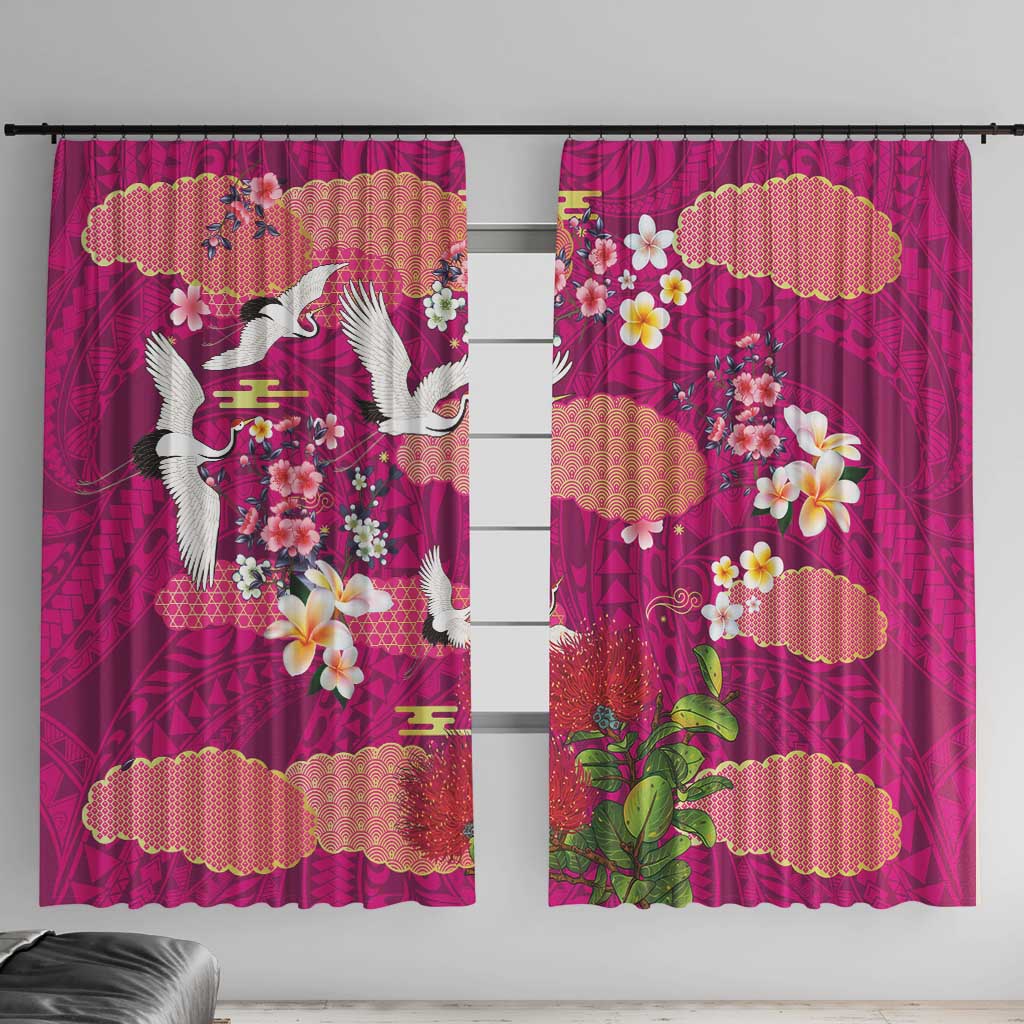 Hawaiian and Japanese Culture Together Window Curtain Pink Ohia Lehua Plumeria and Sakura Blooming LT03 With Hooks Pink - Polynesian Pride