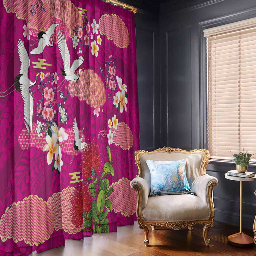 Hawaiian and Japanese Culture Together Window Curtain Pink Ohia Lehua Plumeria and Sakura Blooming LT03 - Polynesian Pride