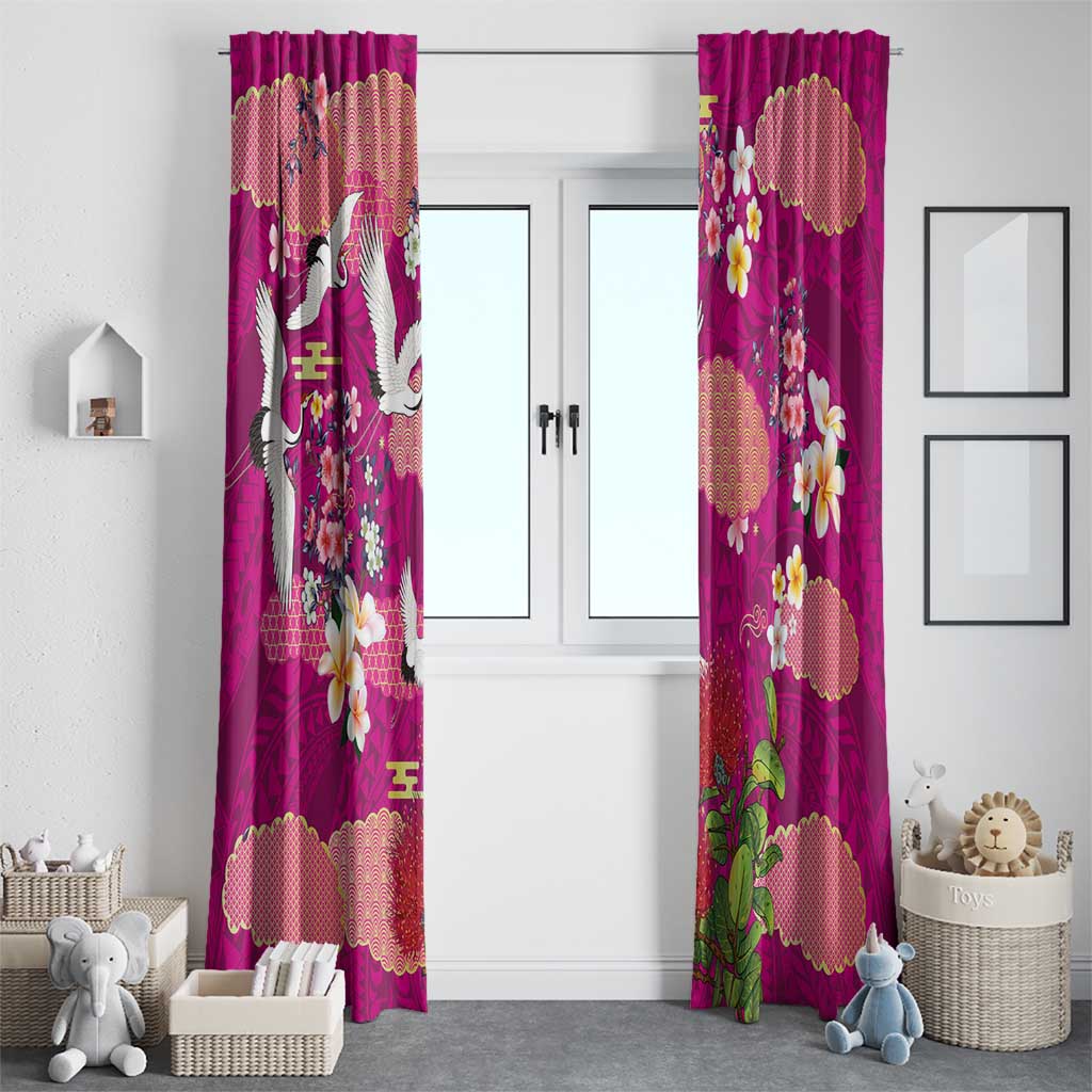 Hawaiian and Japanese Culture Together Window Curtain Pink Ohia Lehua Plumeria and Sakura Blooming LT03 - Polynesian Pride