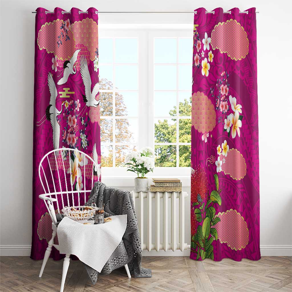 Hawaiian and Japanese Culture Together Window Curtain Pink Ohia Lehua Plumeria and Sakura Blooming LT03 - Polynesian Pride
