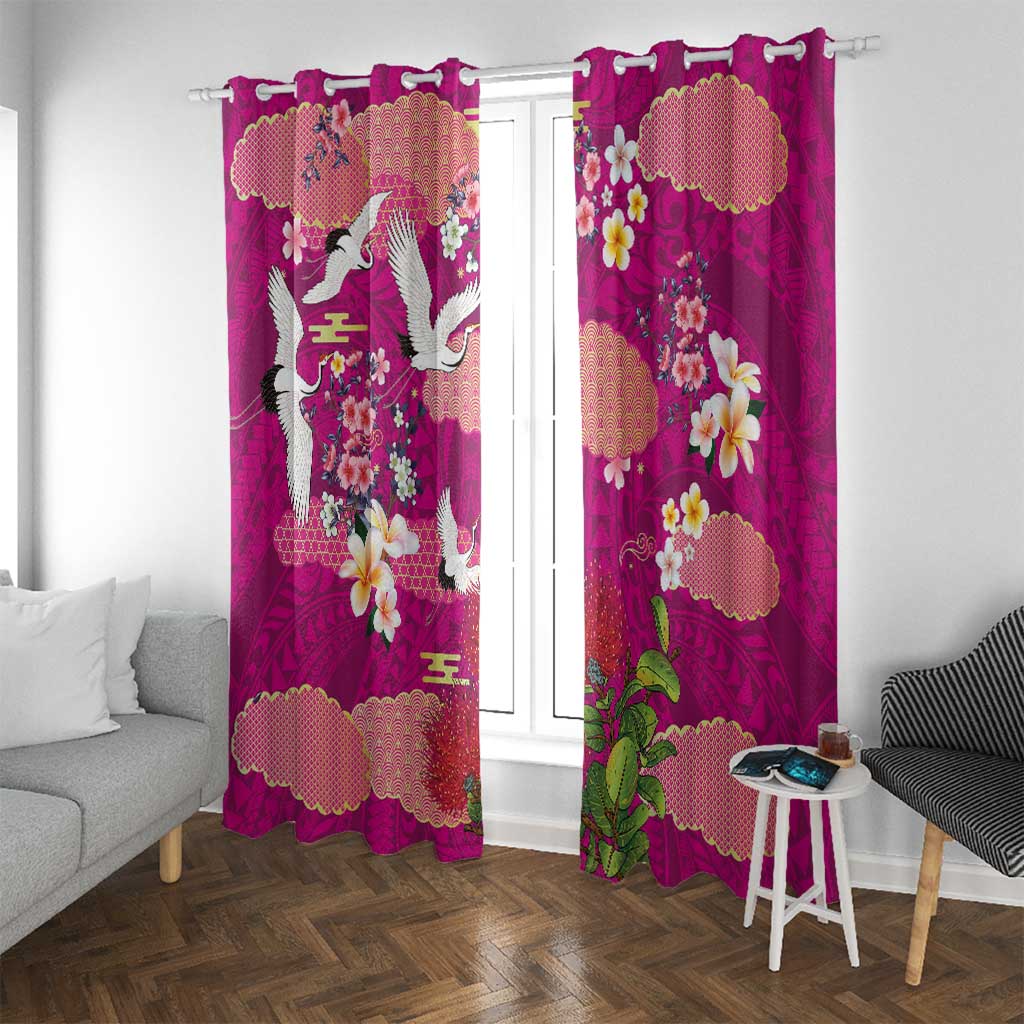 Hawaiian and Japanese Culture Together Window Curtain Pink Ohia Lehua Plumeria and Sakura Blooming LT03 With Grommets Pink - Polynesian Pride
