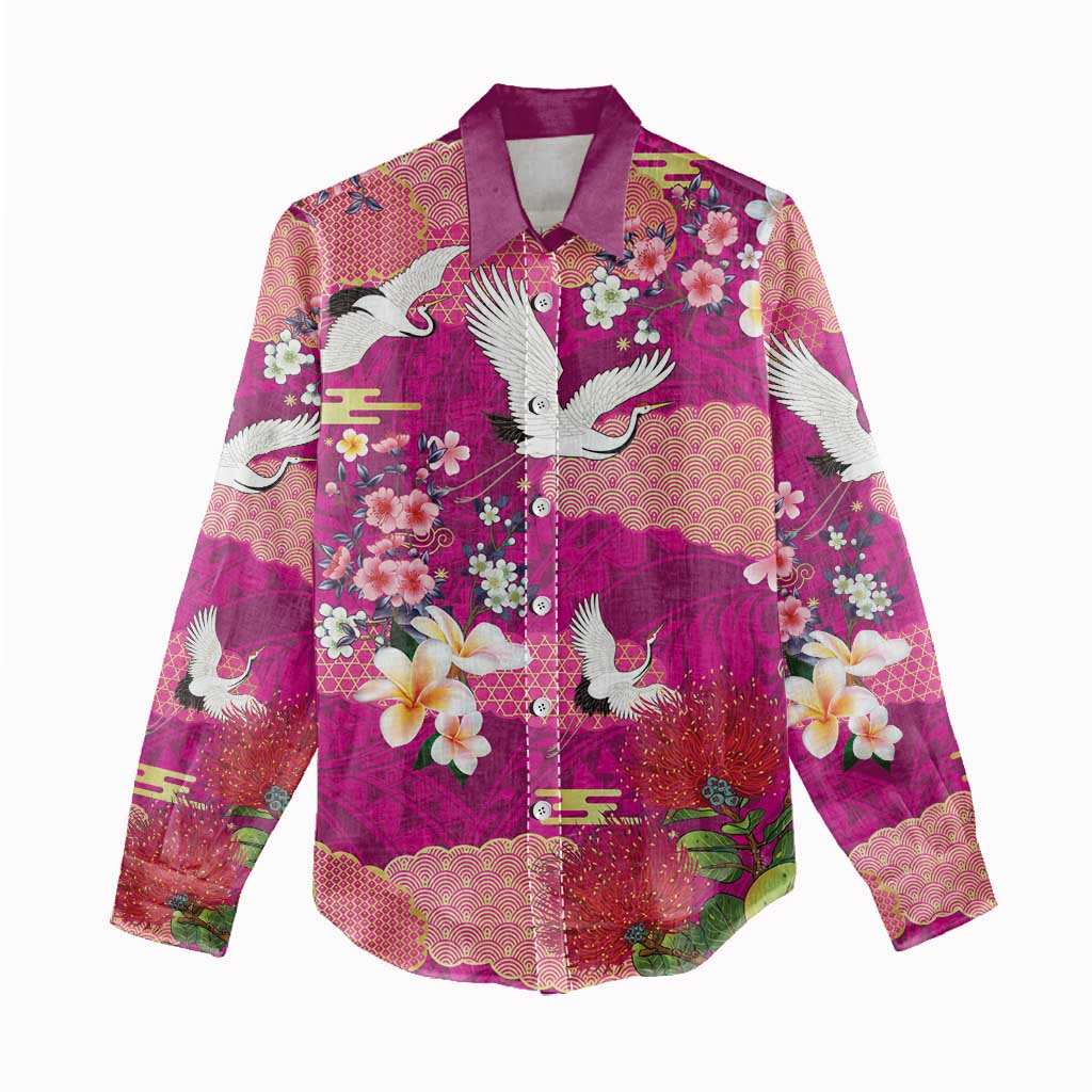 Hawaiian and Japanese Culture Together Women Casual Shirt Pink Ohia Lehua Plumeria and Sakura Blooming LT03 - Polynesian Pride