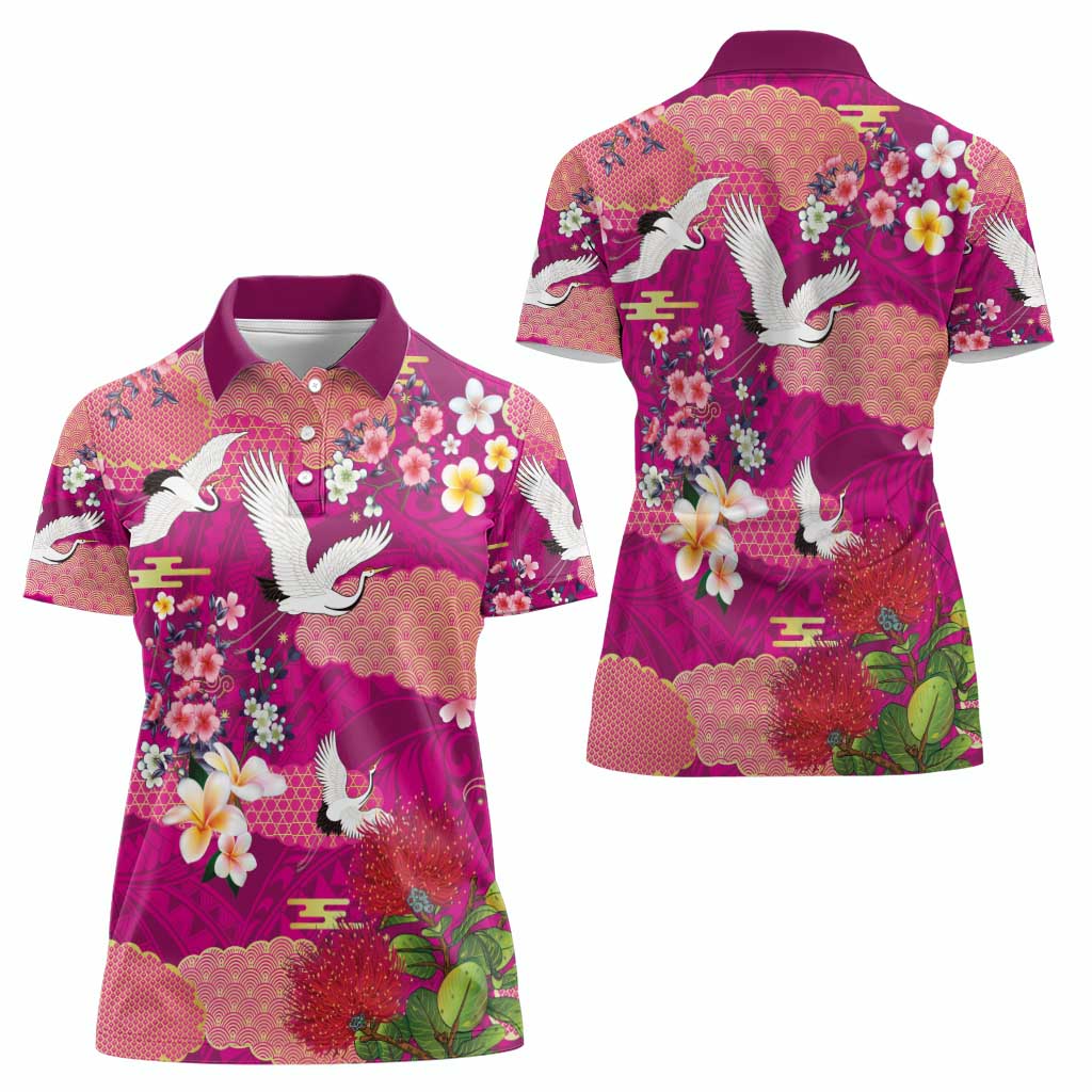 Hawaiian and Japanese Culture Together Women Polo Shirt Pink Ohia Lehua Plumeria and Sakura Blooming - Polynesian Pride