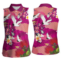 Hawaiian and Japanese Culture Together Women Sleeveless Polo Shirt Pink Ohia Lehua Plumeria and Sakura Blooming LT03 - Polynesian Pride