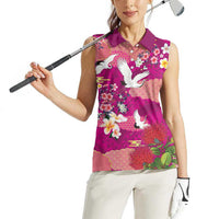 Hawaiian and Japanese Culture Together Women Sleeveless Polo Shirt Pink Ohia Lehua Plumeria and Sakura Blooming LT03 - Polynesian Pride